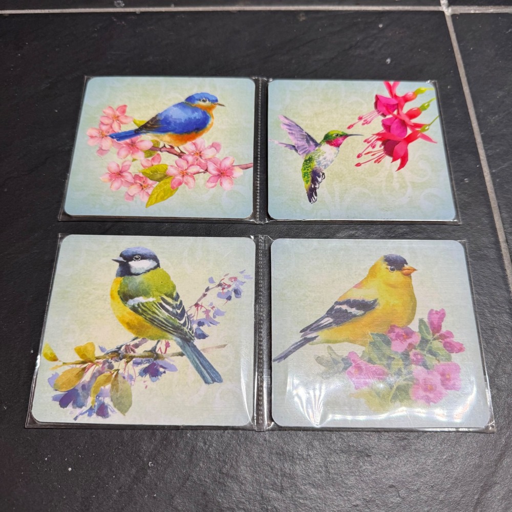 Set of 4 Bird Floral Coasters Bluebird Hummingbird Goldfinch Nature Decor 4x4